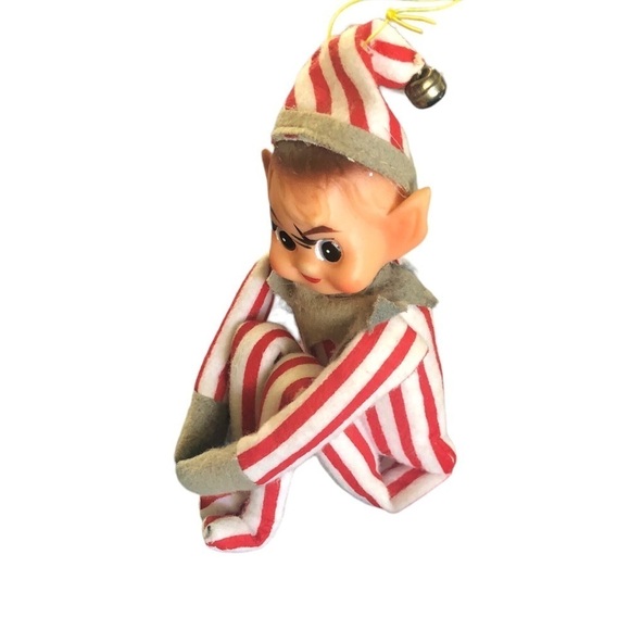 VTG 60’s Pixie Sitting Elf Striped Suit Hat Bell Big Pointy Ears Ornament Japan - Picture 2 of 7